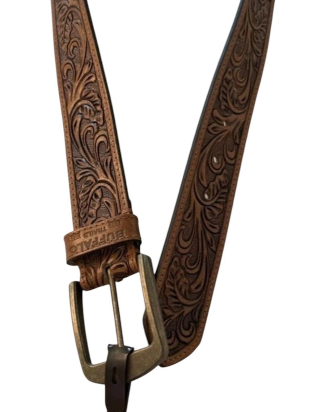 Buffalo Trails Genuine Buffalo Tooled Leather Belt L 38/40 Brown 48"Lx1.5"W NWT